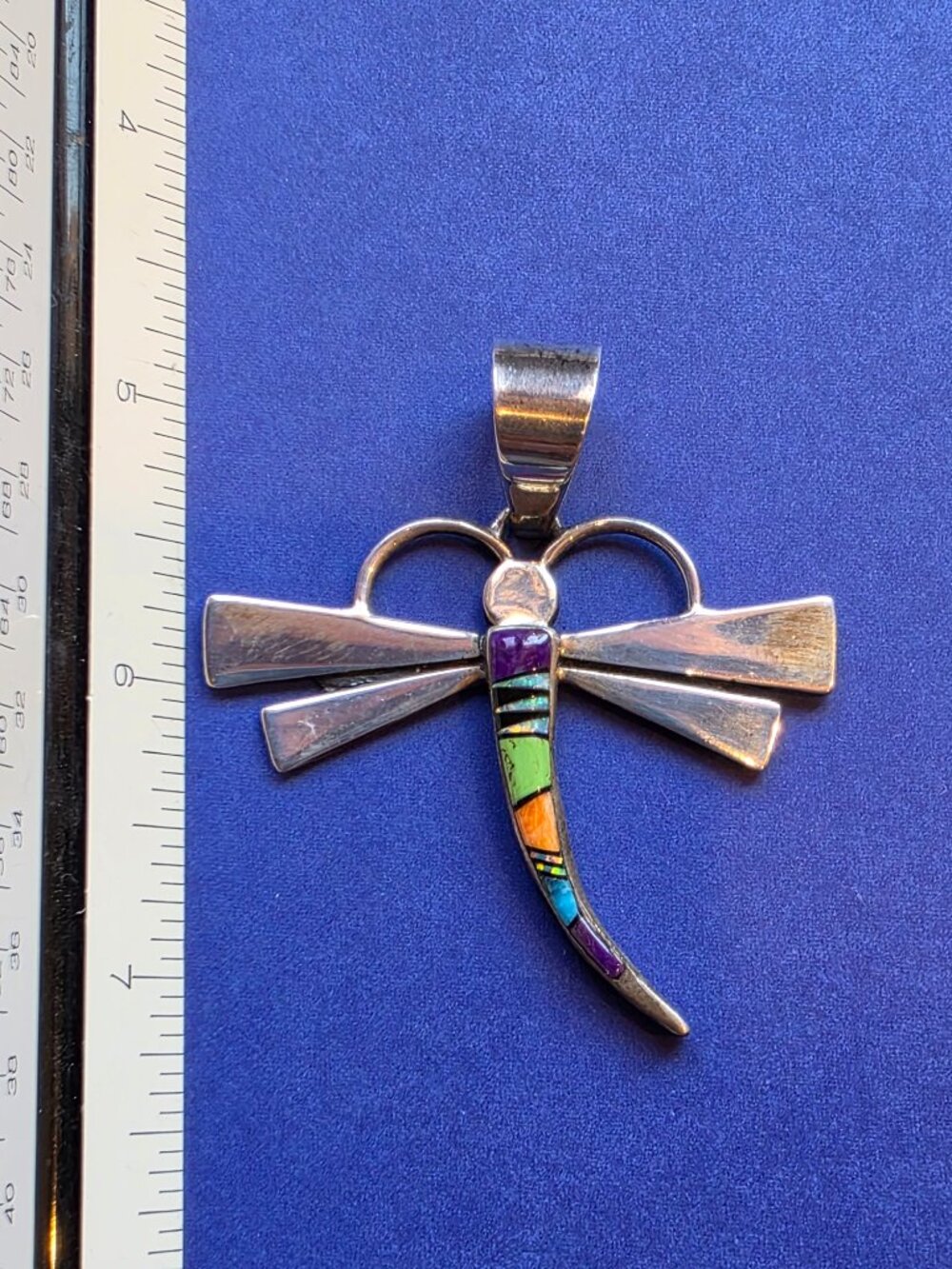 Calvin Begay Native American Sterling Silver Inlaid Dragonfly Pendant - Picture 3 of 5